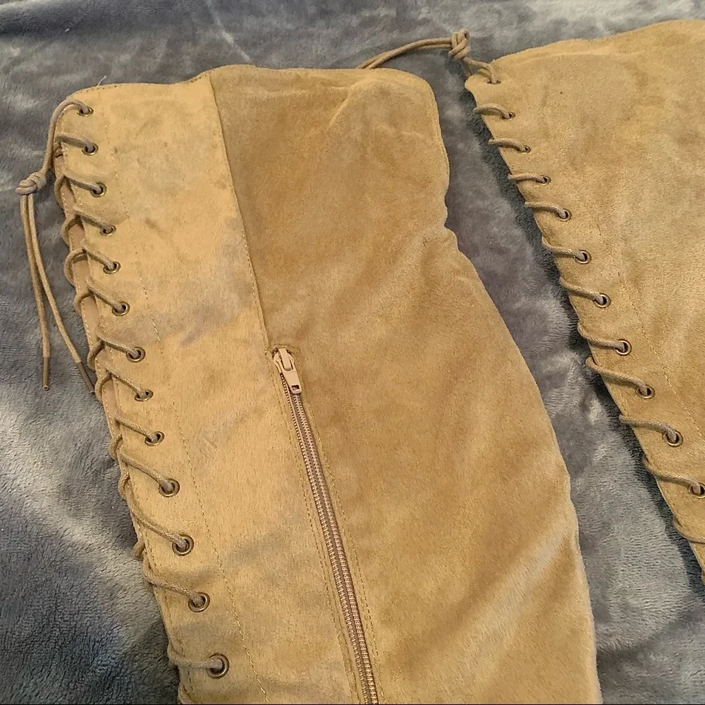 Tan suede lace up thigh high boots Size 10
